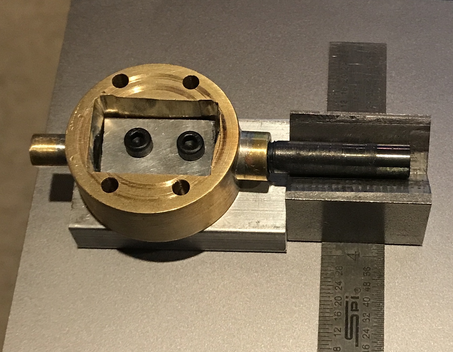 The steam chest on the stuffing box alignment jig